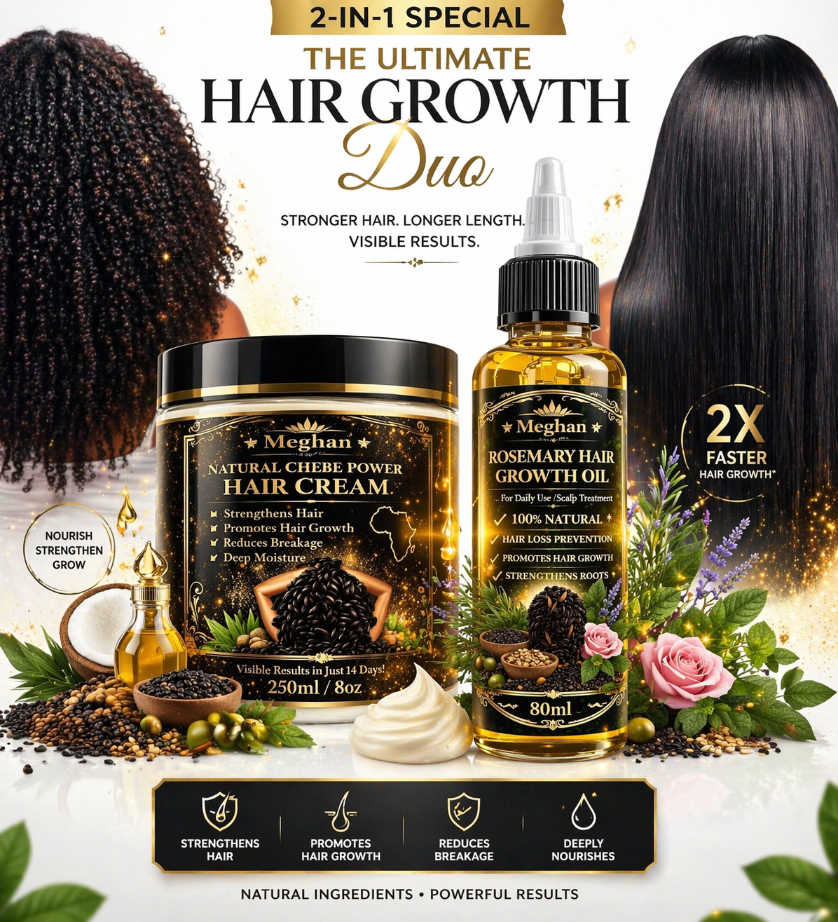 Meghan 2-in-1 Ultimate Hair Growth Duo – Rosemary Oil & Chebe Hair Cream for Stronger, Longer Hair