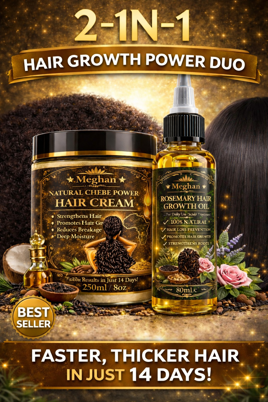 Meghan 2-in-1 Ultimate Hair Growth Duo – Rosemary Oil & Chebe Hair Cream for Stronger, Longer Hair